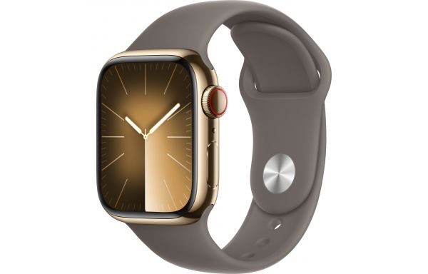 Apple Watch Series 9 GPS + Cellular 45mm Gold S. Steel Case w. Clay Sport Band - S/M (MRMR3)