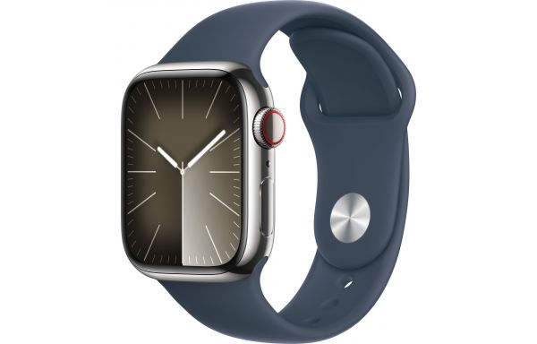 Apple Watch Series 9 GPS + Cellular 45mm Silver S. Steel Case w. Storm Blue Sport Band - S/M (MRMN3)