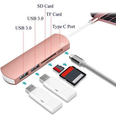 Адаптер USB-C WIWU Adapter T2 USB-C to microSD+SD+2xUSB3.0 HUB Rose Gold