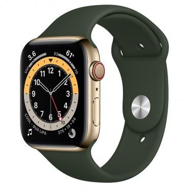 Apple Watch Series 6 LTE 44mm Gold Stainless Steel Case with Cyprus Green Sport Band (M07N3)