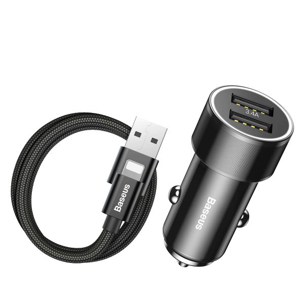 Авто-зарядка Baseus Small Screw 3.4A 2USB with Lightning Cable black (TZXLD-A01)