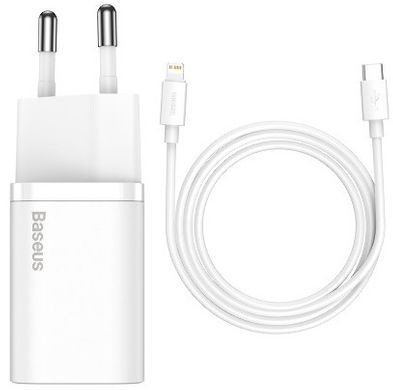 СЗУ Baseus Super Silicone PD Charger 20W (1Type-C) + With Cable Type-C to Lightning - White