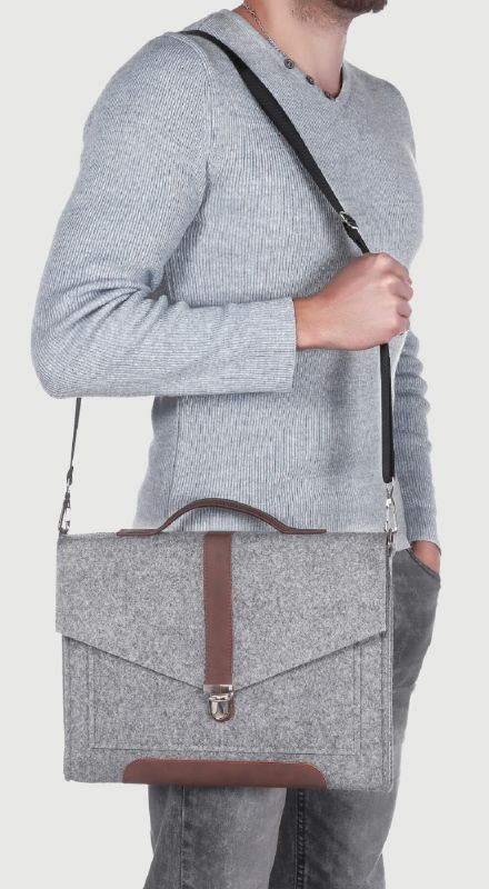 Серый войлочный портфель Gmakin для Macbook Air/Pro 13/13.3 с коричневой экокожей (GS12)