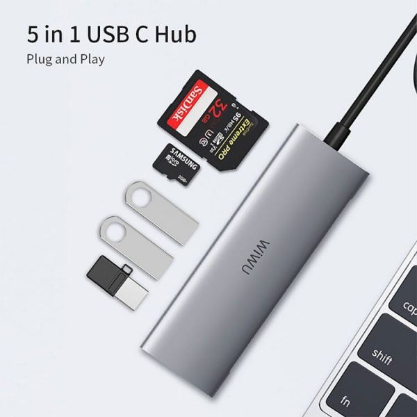 Хаб WIWU Alpha 5 in 1 - 532ST (USB3.0*3+SD+TF) - Gray