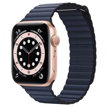 Apple Watch Series 6 44mm Gold Aluminum Case with Diver Blue Leather Loop (M02E3)