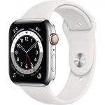 Apple Watch Series 6 LTE 44mm Silver Stainless Steel Case with White Sport Band (M07L3)