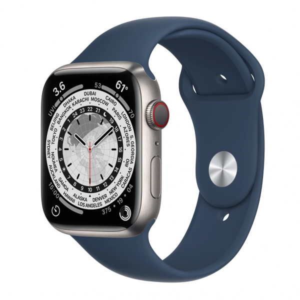 Apple Watch Series 7 LTE 45mm Silver Titanium Case w. Abyss Blue Sport Band (ML8W3 + MKUWA3)