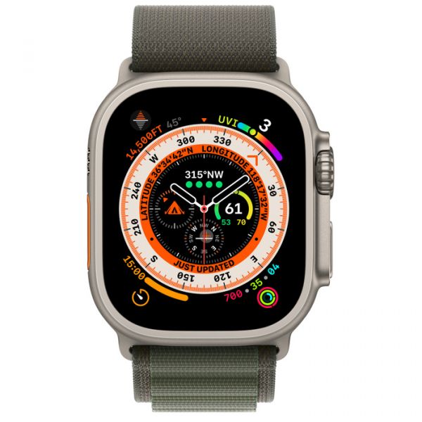 Apple Watch Ultra GPS + Cellular 49mm Titanium Case with Green Alpine Loop - S (MNHQ3)