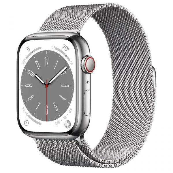 Apple Watch Series 8 45mm GPS + LTE Silver Stainless Steel Case with Silver Milanese Loop (MNKJ3)