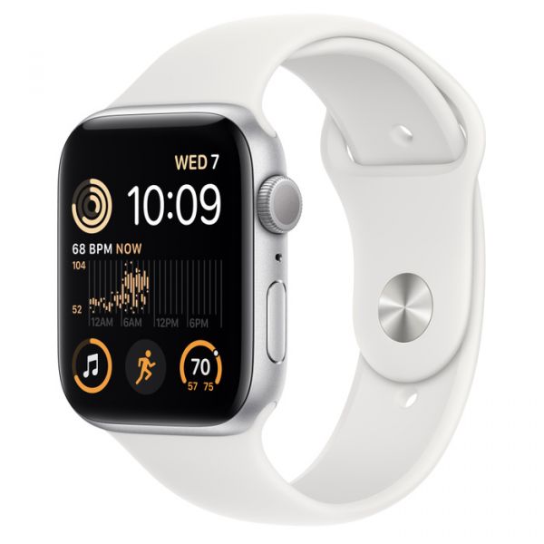 Apple Watch SE 2 GPS 44mm Silver Aluminum Case w. White Sport Band M/L (MNTJ3)