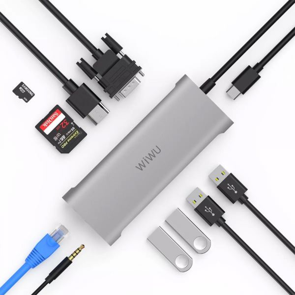 Адаптер WIWU Alpha [A11] 11in1 USB-C to USB-C+3xUSB3.0+USB2.0+SD/Micro SD+VGA+HDMI+RJ45+3.5mm (Grey)