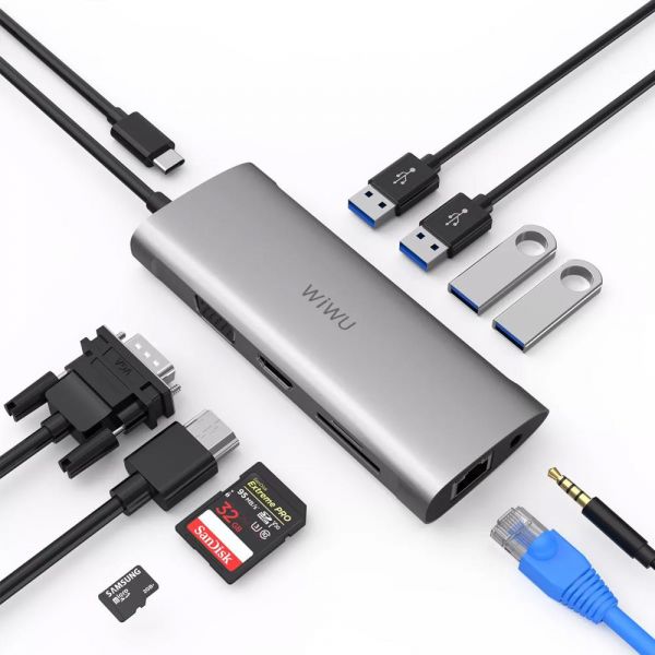 Адаптер WIWU Alpha [A11] 11in1 USB-C to USB-C+3xUSB3.0+USB2.0+SD/Micro SD+VGA+HDMI+RJ45+3.5mm (Grey)