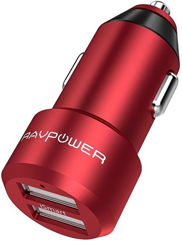 Автомобильное зарядное устройство RAVPower Metal Dual USB Car Charger 24W 4.8A with iSmart 2.0 Charging Tech Red (RP-VC006RD)