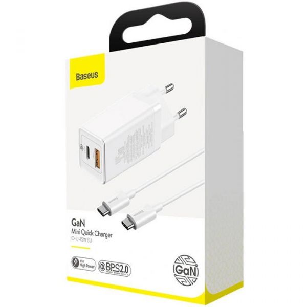 Мережевий зарядний пристрій Baseus Mini Quick Charger 45W Type-C+USB with Mini Cable Type-C to Type-C60W (1m) White (CCGAN-Q02)