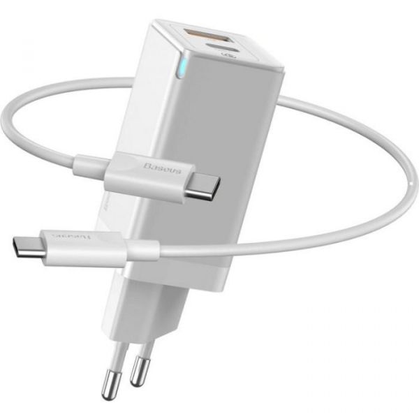 Мережевий зарядний пристрій Baseus Mini Quick Charger 45W Type-C+USB with Mini Cable Type-C to Type-C60W (1m) White (CCGAN-Q02)