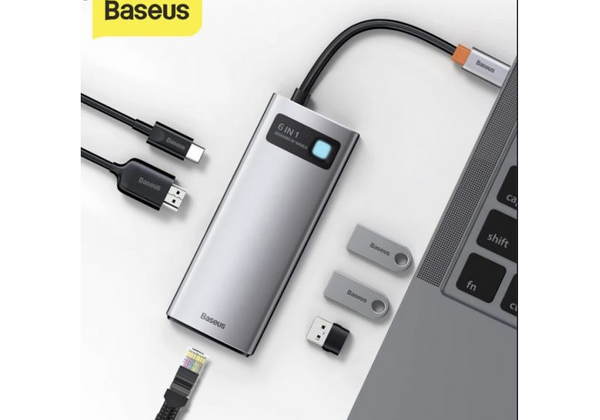 USB-Хаб Baseus Metal Gleam Series 6-in-1 (3xUSB3.0 + 4KHD + RJ45 + Type-C) (gray)(CAHUB-CW0G)