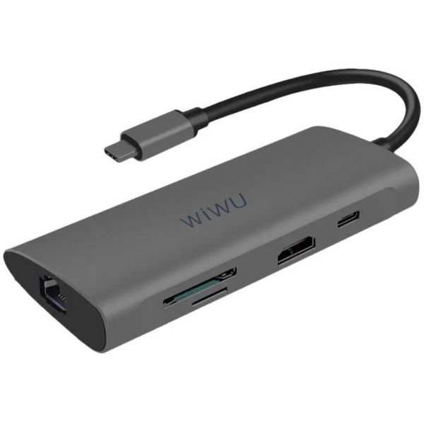 Адаптер WIWU Alpha [831HRT] 8in1 USB-C to 3xUSB3.0+HDMI+RJ45+USB-C+SD/Micro SD (Grey)