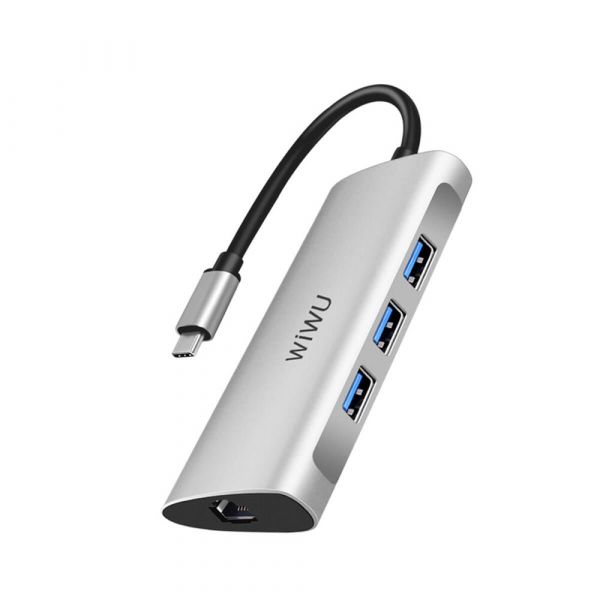 Хаб WIWU Alpha 6in1 USB-C to 3xUSB3.0+RJ45+SD/Micro SD (Silver)