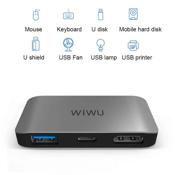 Адаптер WIWU Alpha 3in1 USB-C to USB3.0+Type- C+HDMI (Grey)