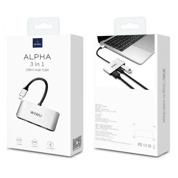 Адаптер WIWU Alpha 3in1 USB-C to USB3.0+Type- C+HDMI (Grey)